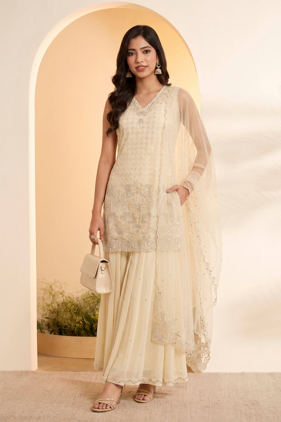 Off White Embroidered Sharara Set with Net Dupatta KS60