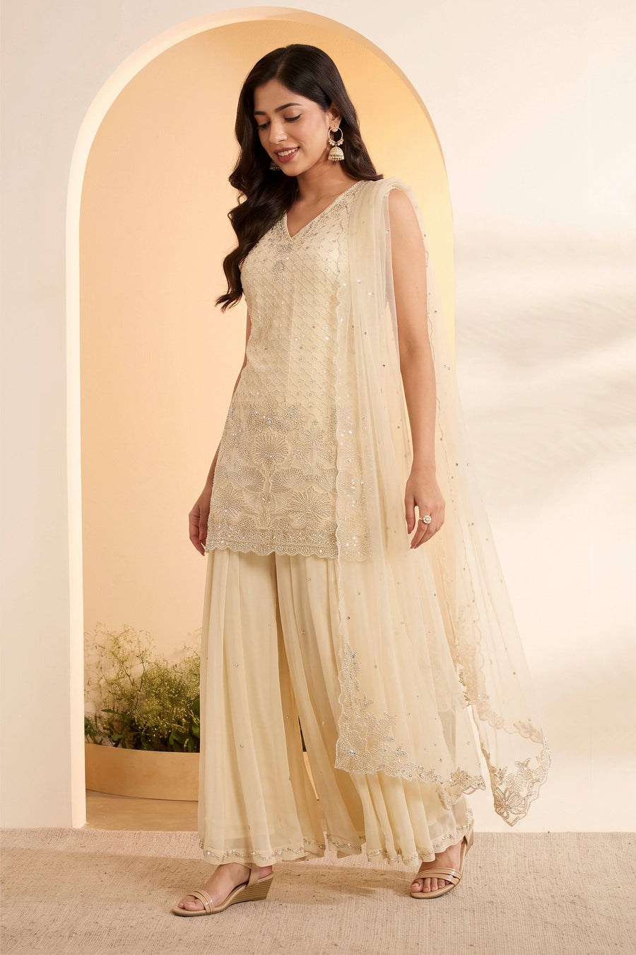 Off White Embroidered Sharara Set with Net Dupatta KS60