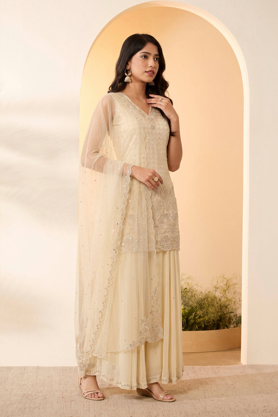 Off White Embroidered Sharara Set with Net Dupatta KS60
