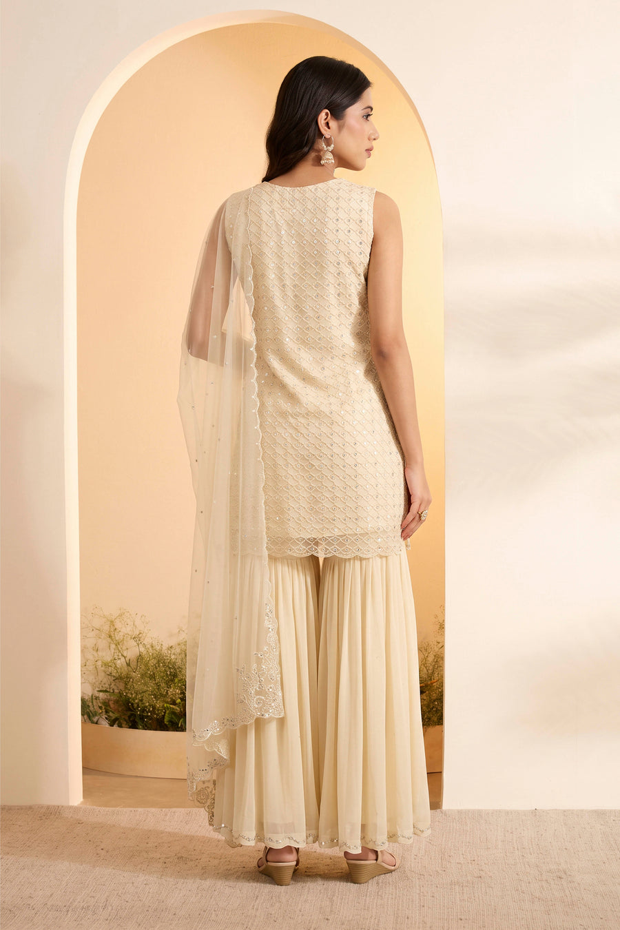 Off White Embroidered Sharara Set with Net Dupatta KS60