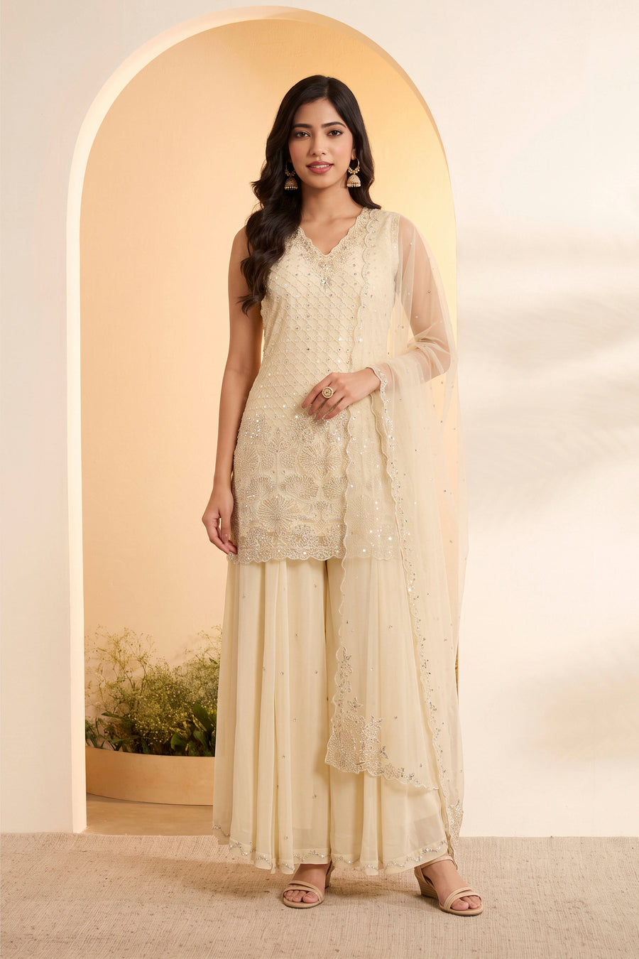 Off White Embroidered Sharara Set with Net Dupatta KS60