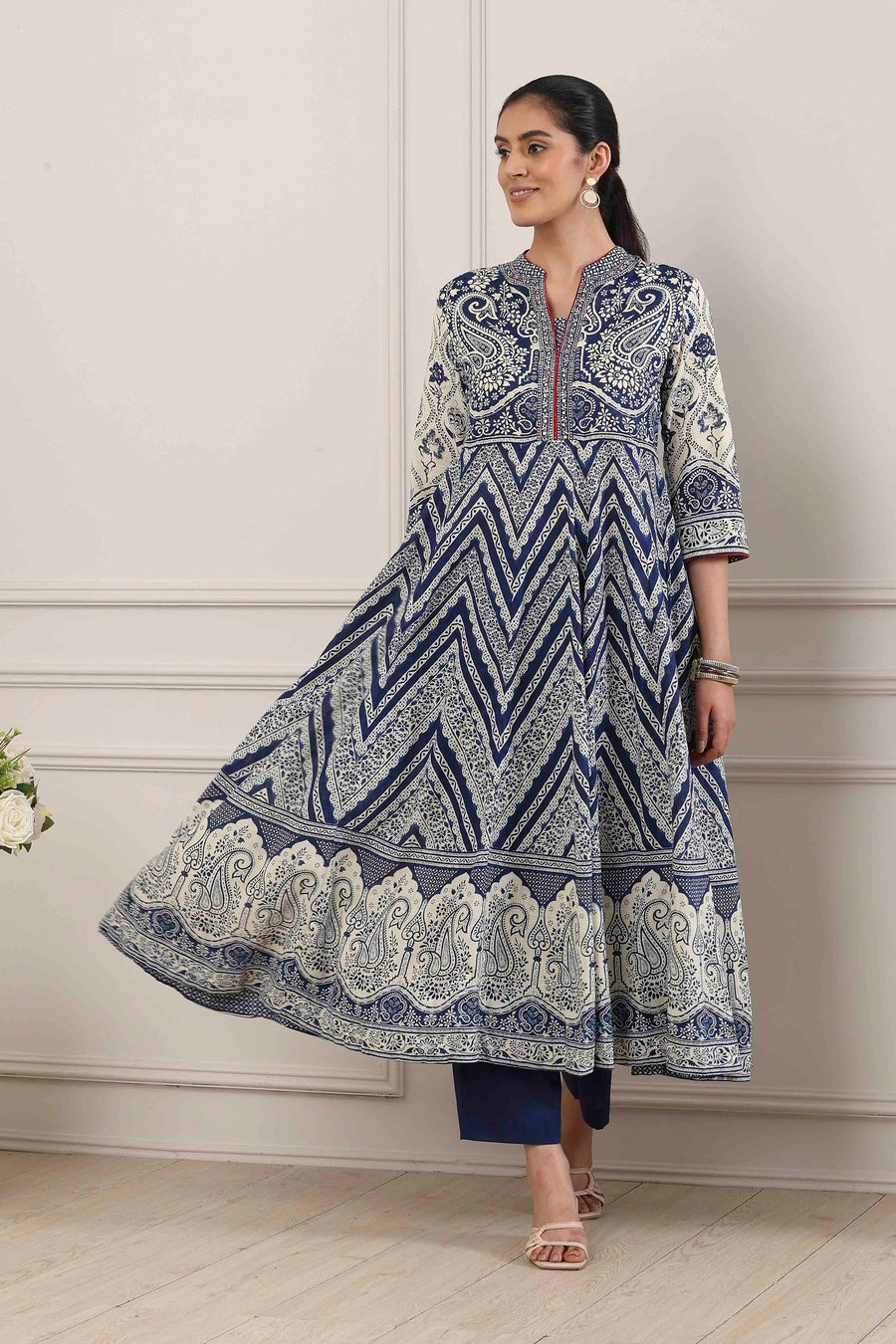 Blue Cotton Paisley & Chevron Printed Anarkali Suit Set A34