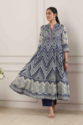Blue Cotton Paisley & Chevron Printed Anarkali Suit Set A34