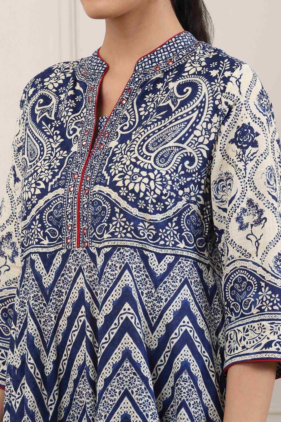 Blue Cotton Paisley & Chevron Printed Anarkali Suit Set A34