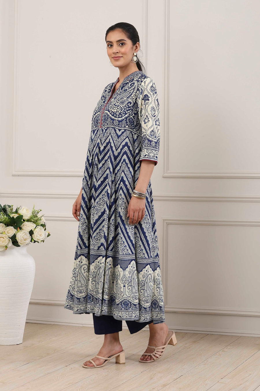 Blue Cotton Paisley & Chevron Printed Anarkali Suit Set A34