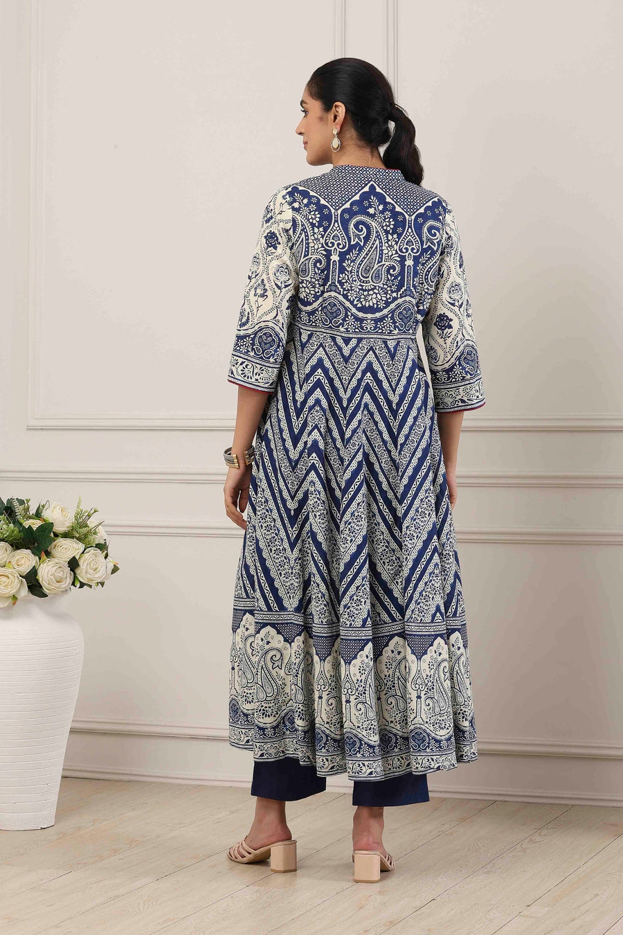 Blue Cotton Paisley & Chevron Printed Anarkali Suit Set A34