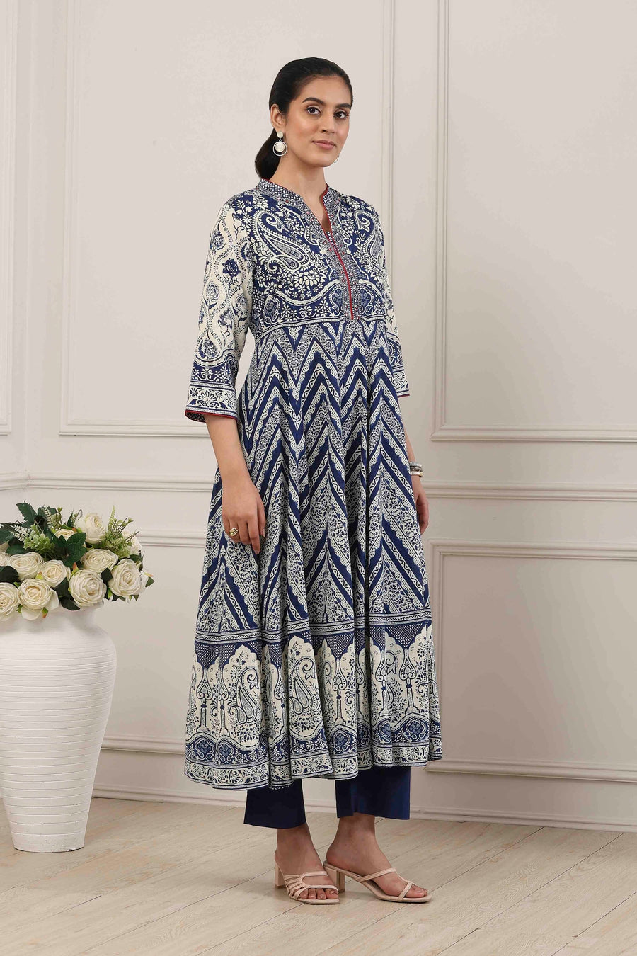 Blue Cotton Paisley & Chevron Printed Anarkali Suit Set A34