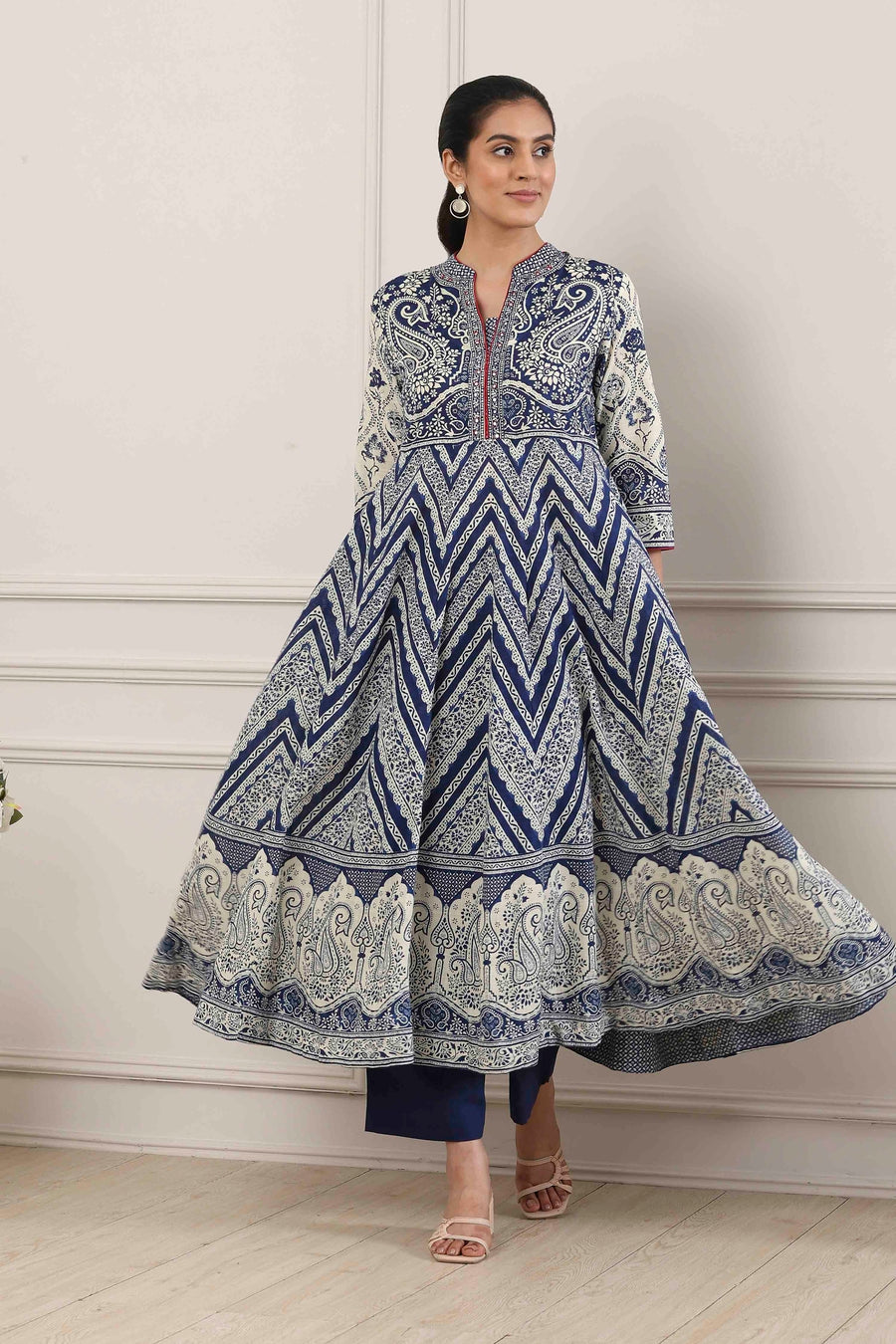 Blue Cotton Paisley & Chevron Printed Anarkali Suit Set A34