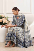 Indigo and Off-White Cotton Angrakha Anarkali Suit Set A34