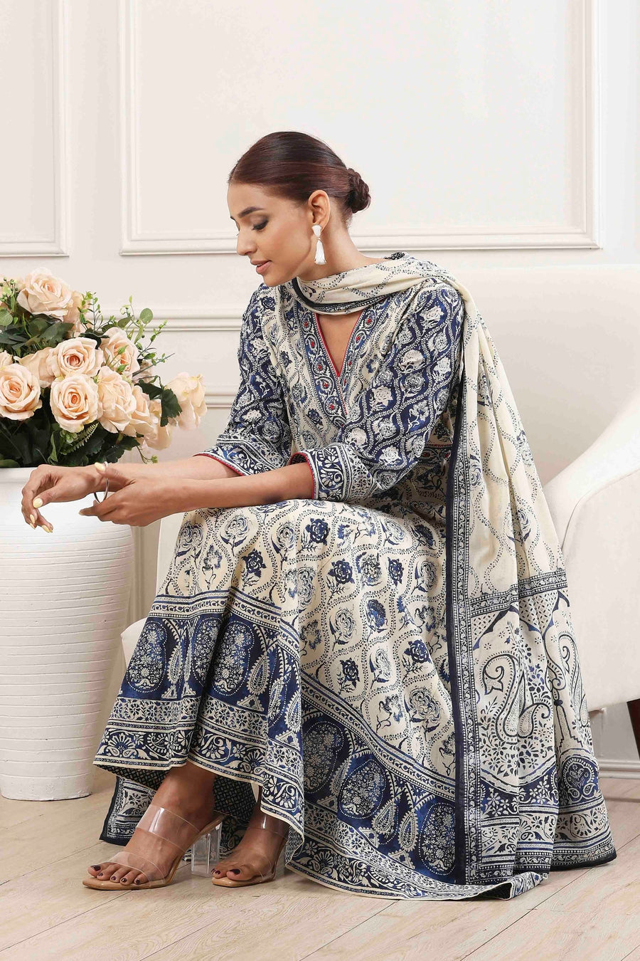 Indigo and Off-White Cotton Angrakha Anarkali Suit Set A34