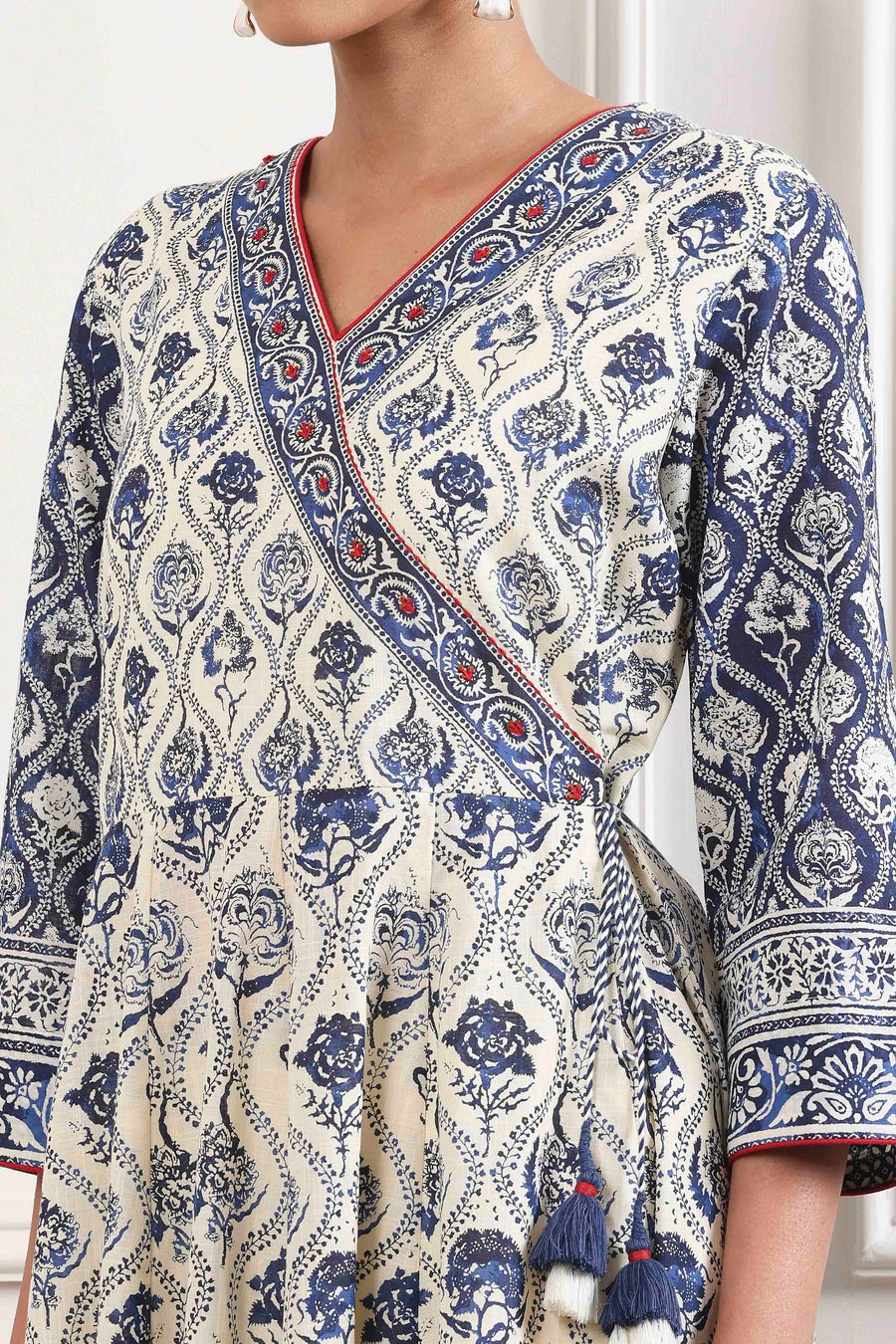Indigo and Off-White Cotton Angrakha Anarkali Suit Set A34