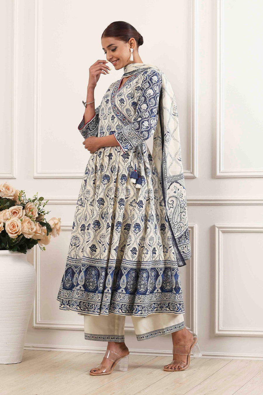Indigo and Off-White Cotton Angrakha Anarkali Suit Set A34