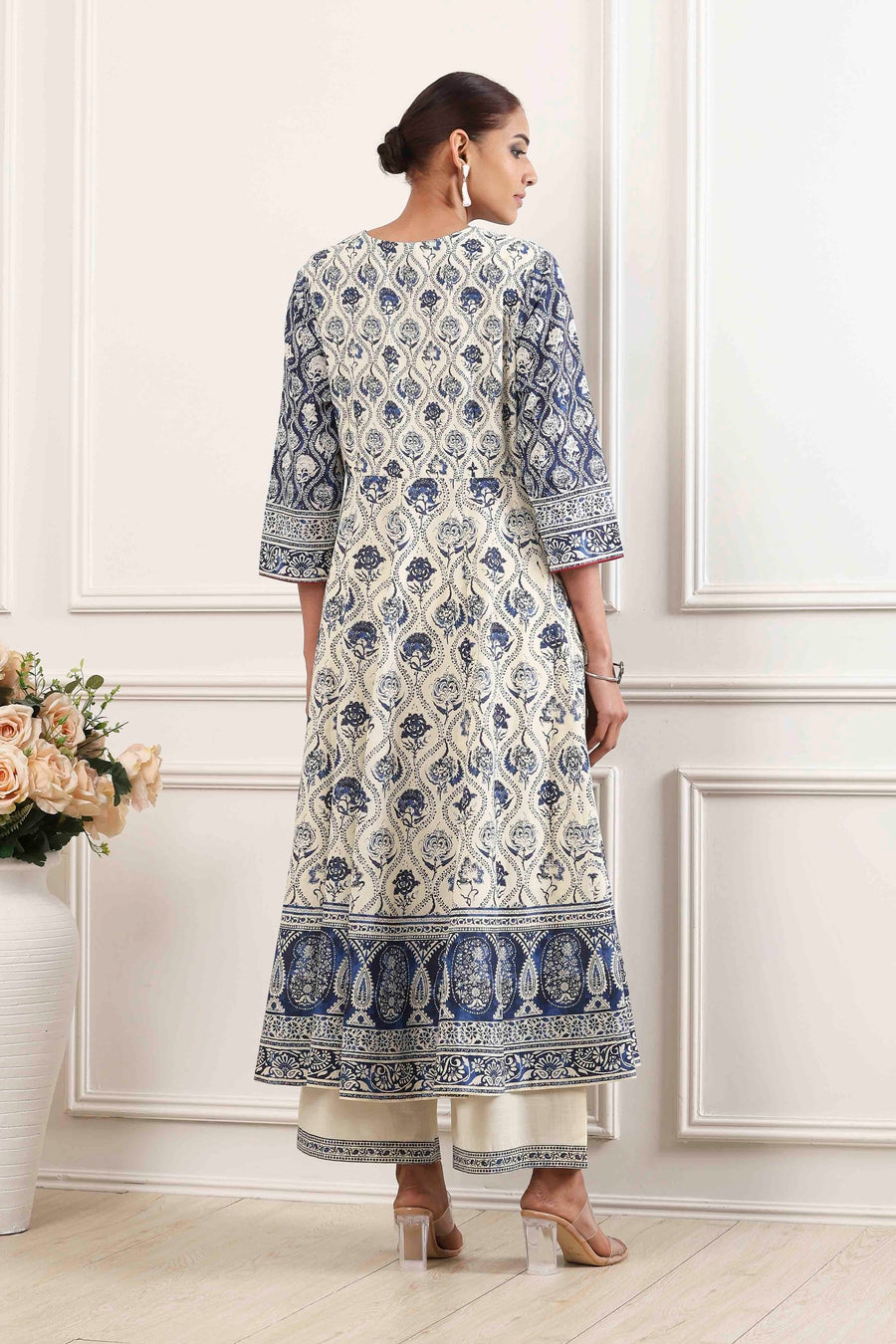 Indigo and Off-White Cotton Angrakha Anarkali Suit Set A34