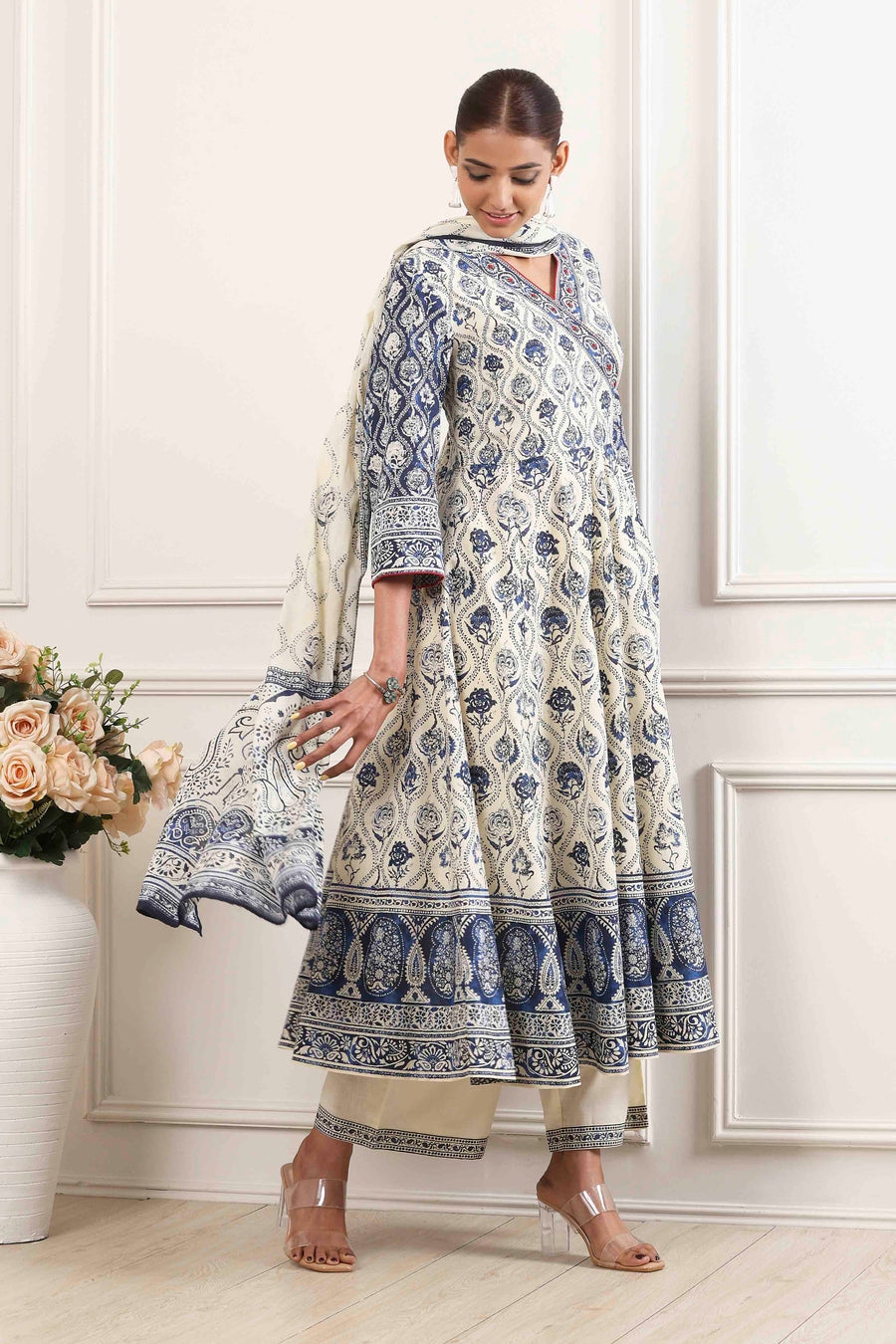 Indigo and Off-White Cotton Angrakha Anarkali Suit Set A34