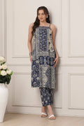 Blue Cotton Panelled Ethnic Motif Printed Straight Suit Set KS60