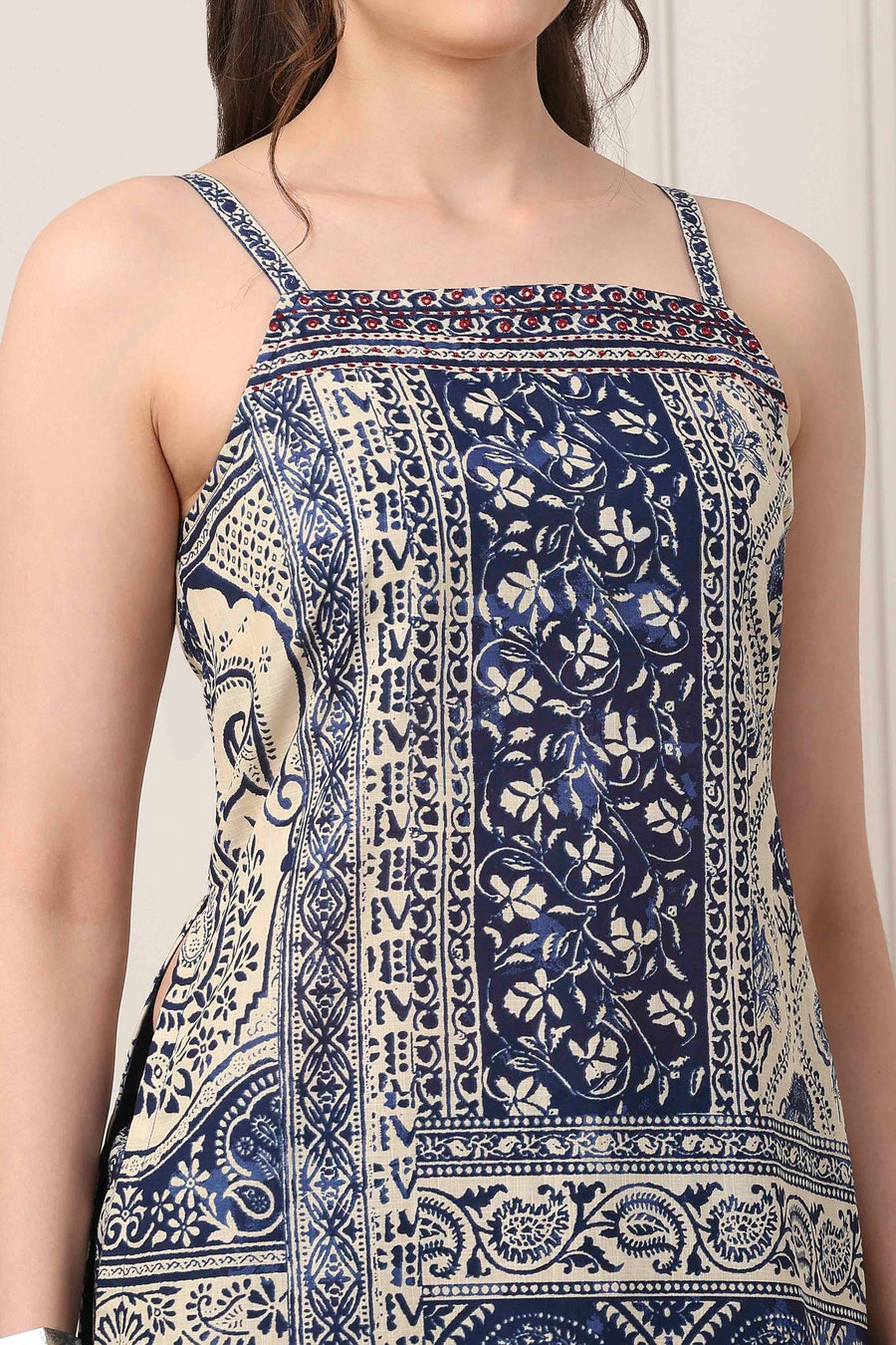 Blue Cotton Panelled Ethnic Motif Printed Straight Suit Set KS60