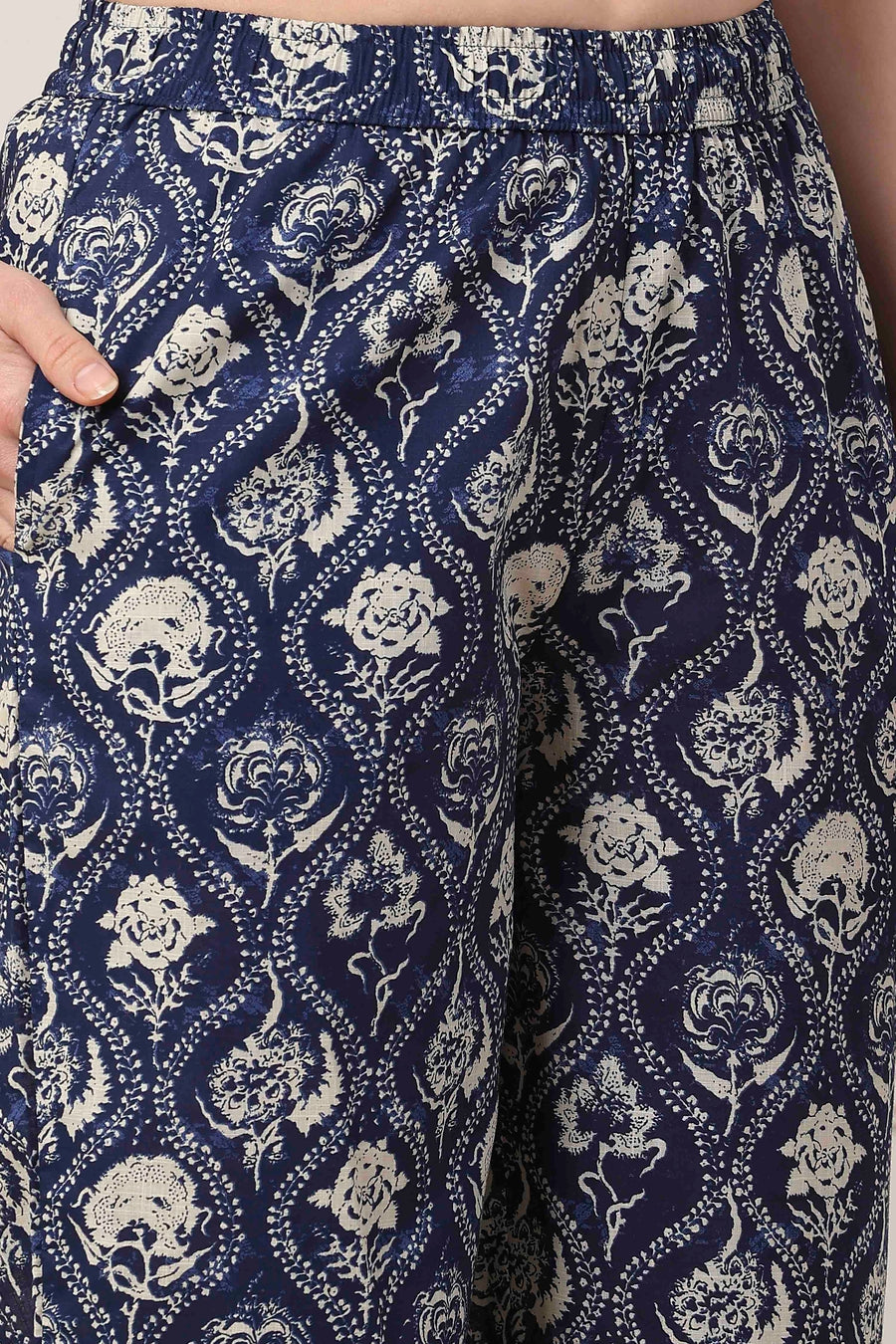 Blue Cotton Panelled Ethnic Motif Printed Straight Suit Set KS60