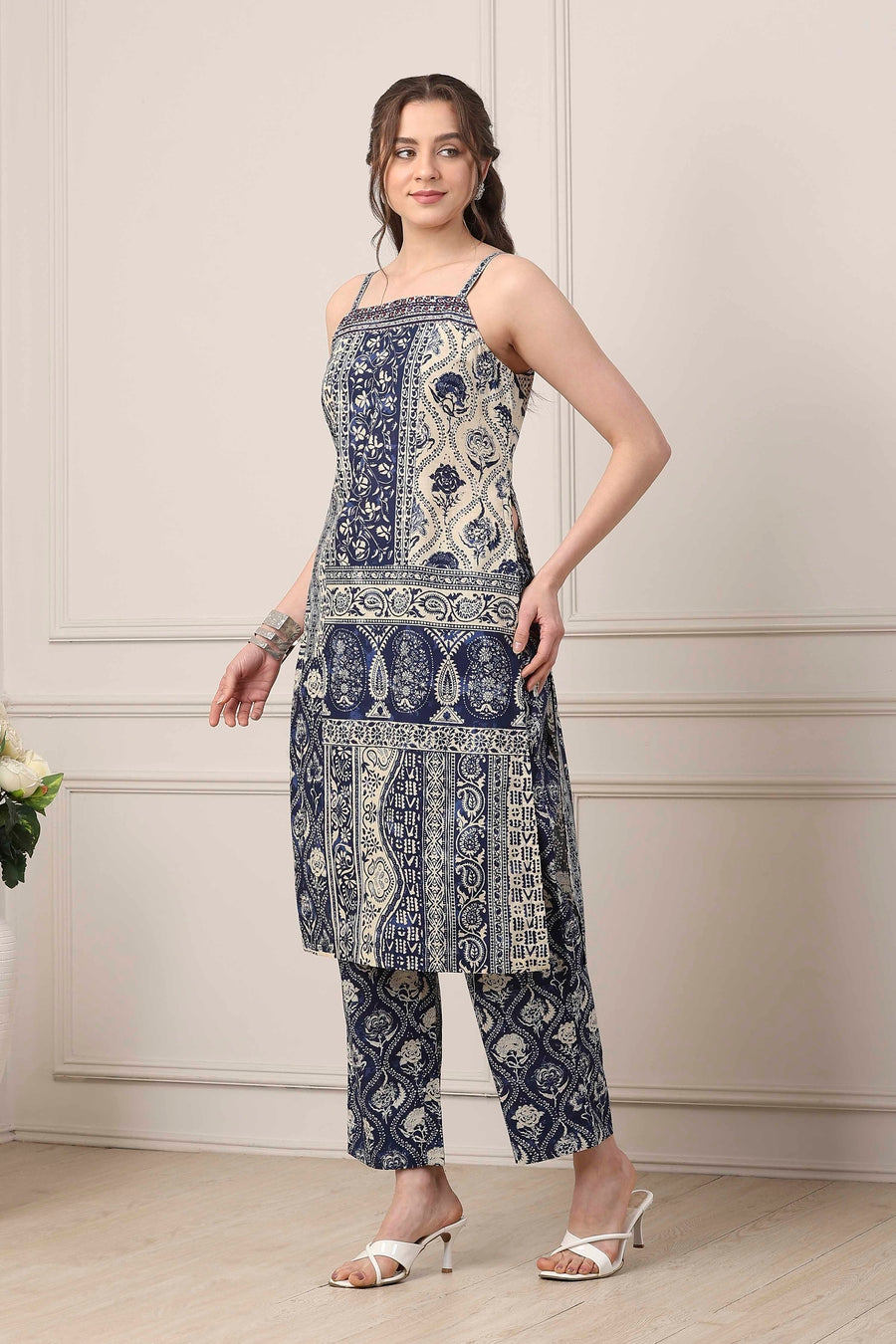 Blue Cotton Panelled Ethnic Motif Printed Straight Suit Set KS60