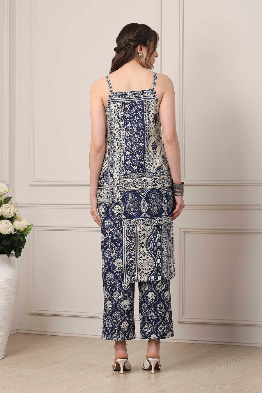 Blue Cotton Panelled Ethnic Motif Printed Straight Suit Set KS60