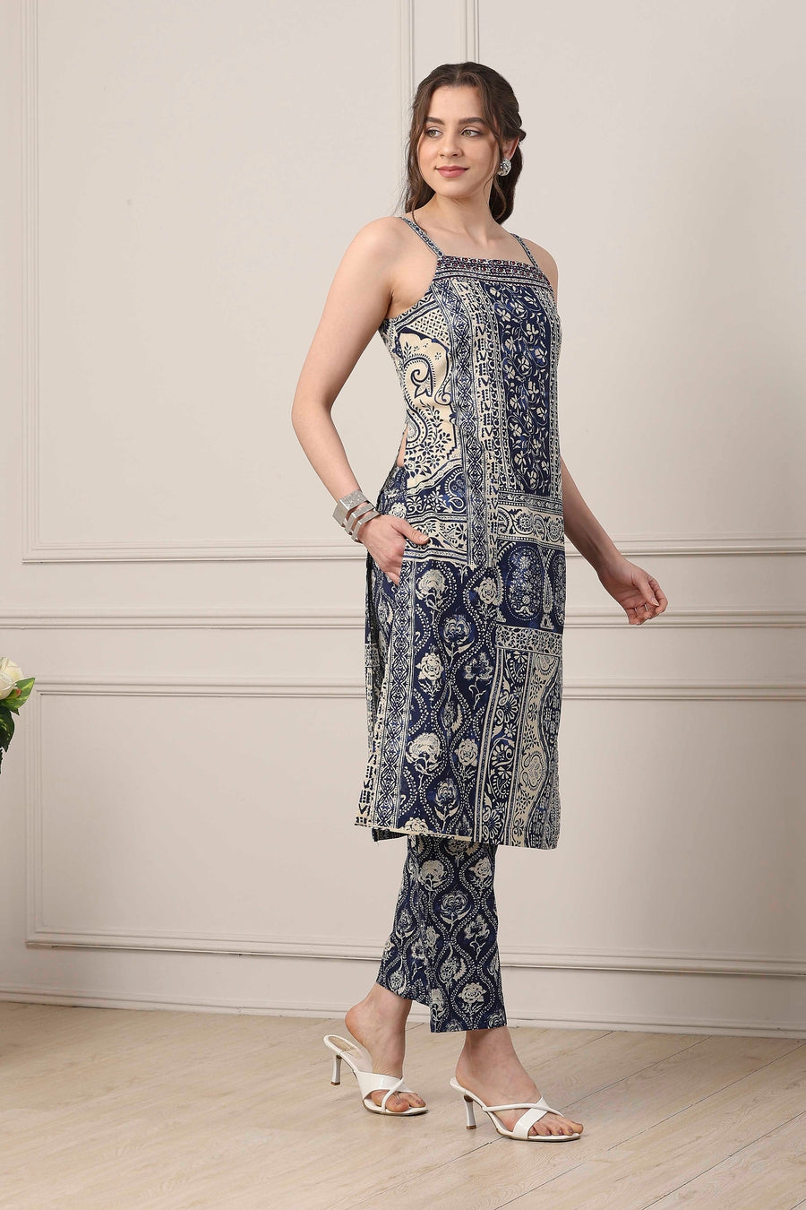 Blue Cotton Panelled Ethnic Motif Printed Straight Suit Set KS60