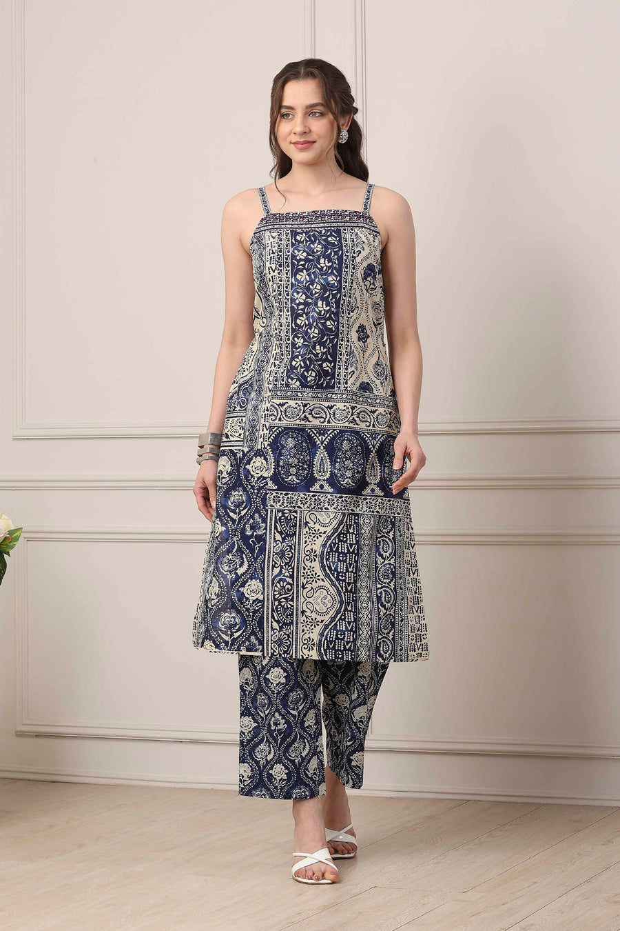 Blue Cotton Panelled Ethnic Motif Printed Straight Suit Set KS60