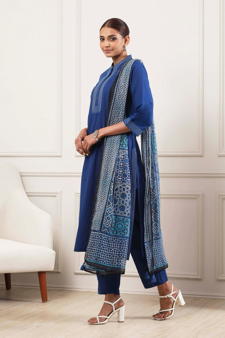 Indigo Cotton Solid Straight Suit Set KS60