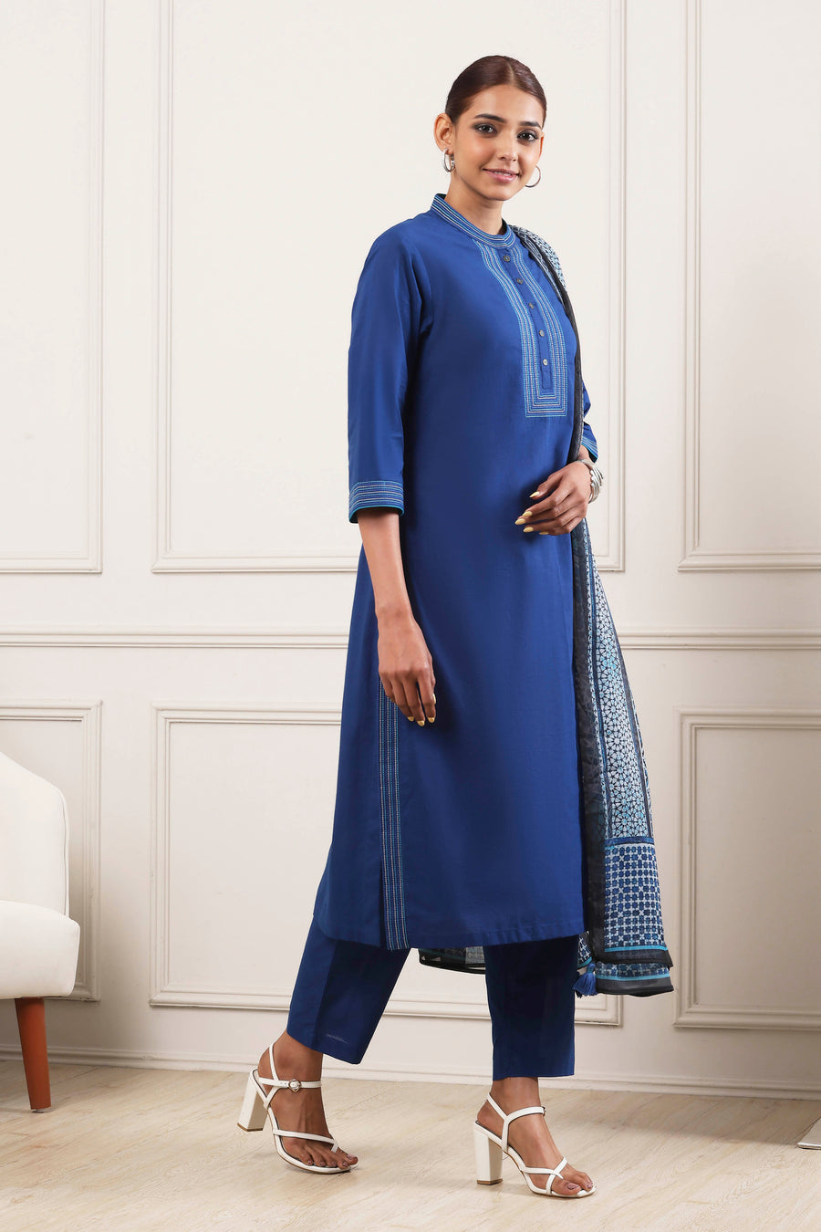 Indigo Cotton Solid Straight Suit Set KS60