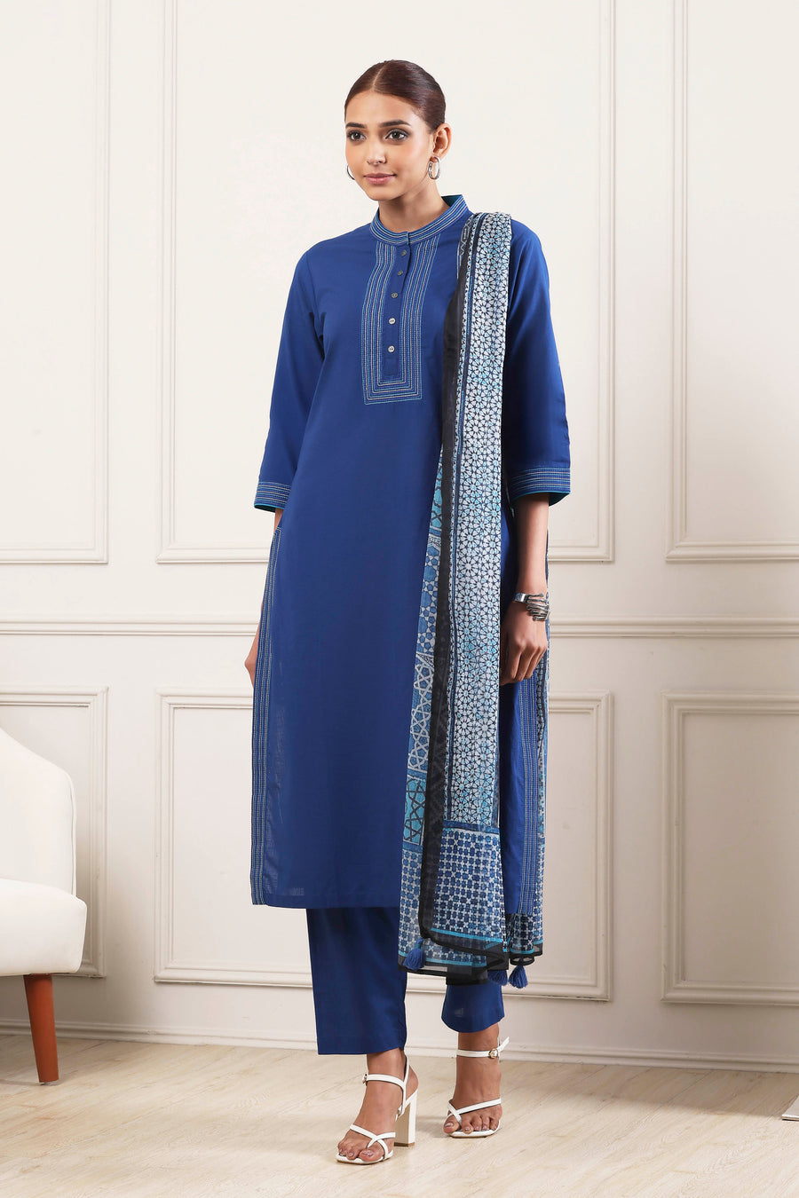 Indigo Cotton Solid Straight Suit Set KS60