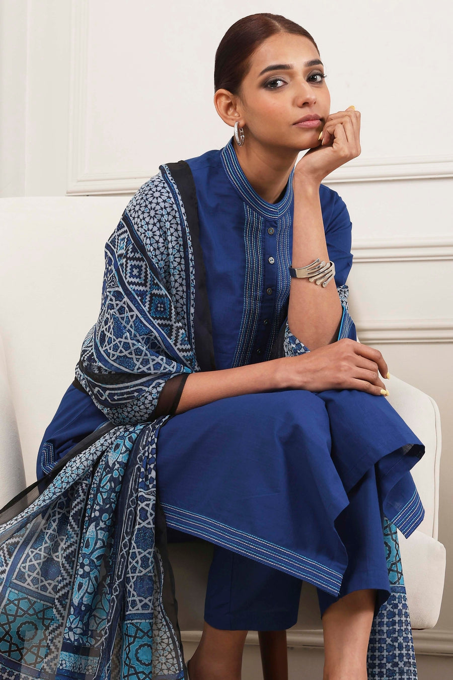 Indigo Cotton Solid Straight Suit Set KS60