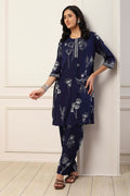 Navy Blue Viscose Rayon Floral Printed Straight Suit Set KS60