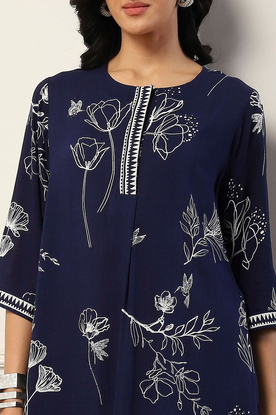 Navy Blue Viscose Rayon Floral Printed Straight Suit Set KS60