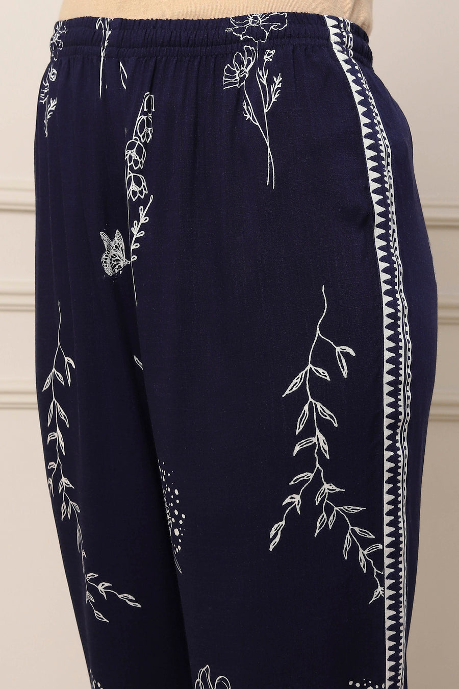 Navy Blue Viscose Rayon Floral Printed Straight Suit Set KS60