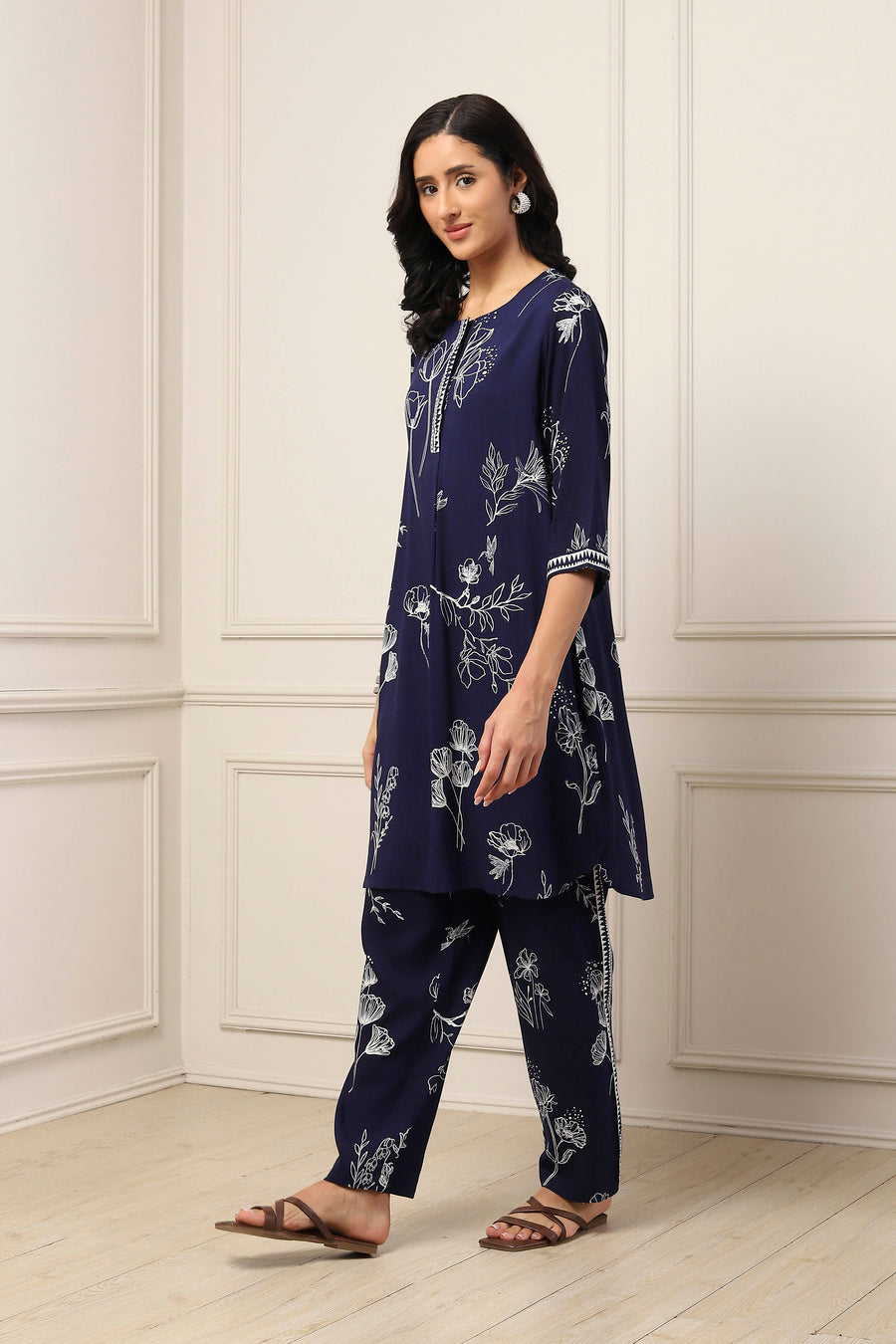 Navy Blue Viscose Rayon Floral Printed Straight Suit Set KS60
