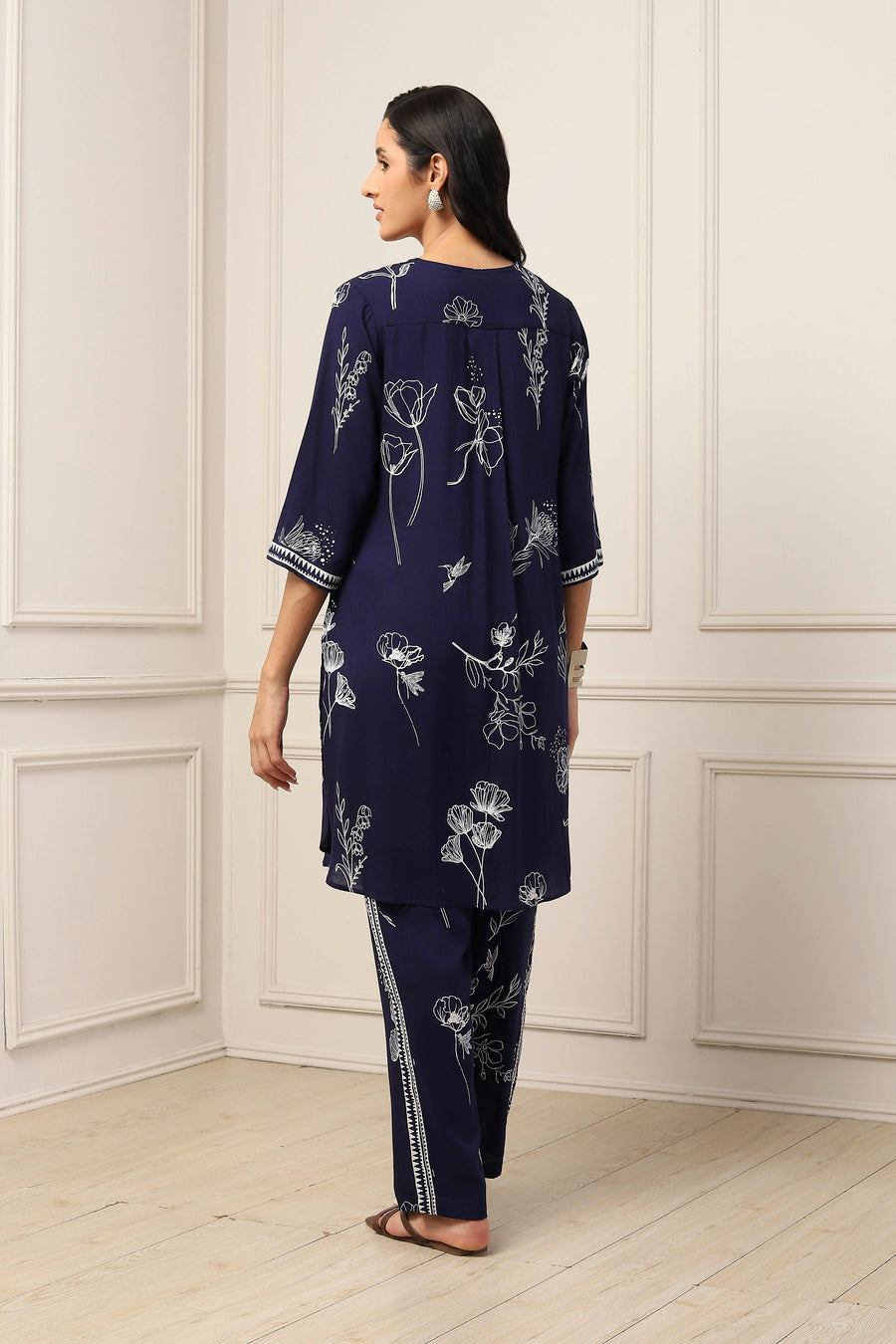Navy Blue Viscose Rayon Floral Printed Straight Suit Set KS60