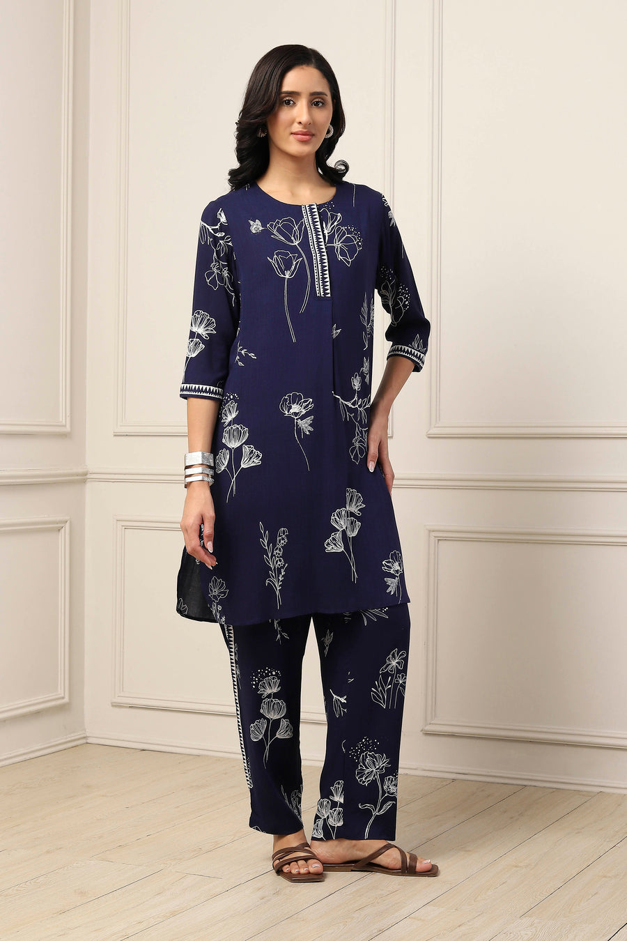Navy Blue Viscose Rayon Floral Printed Straight Suit Set KS60