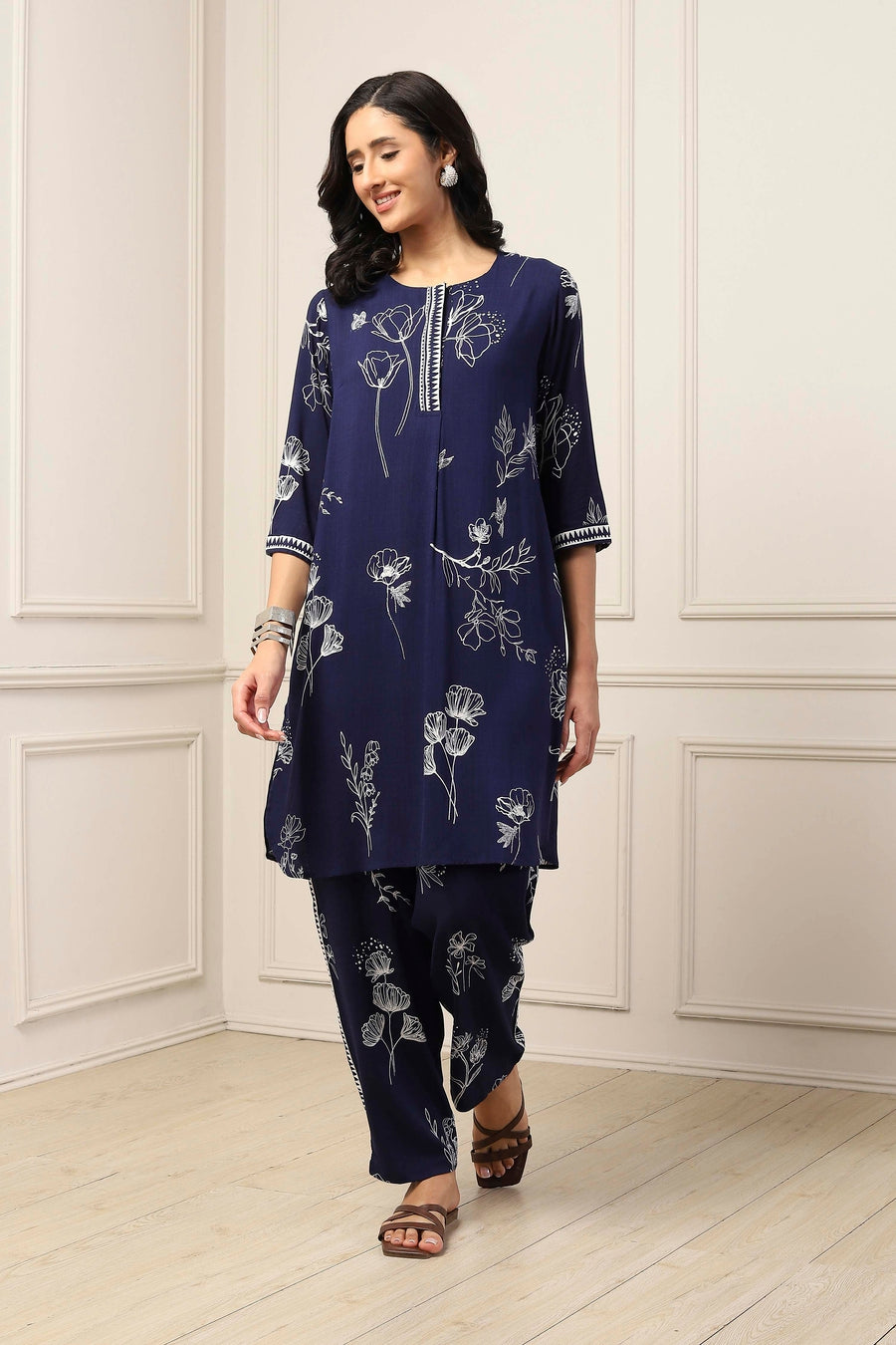 Navy Blue Viscose Rayon Floral Printed Straight Suit Set KS60