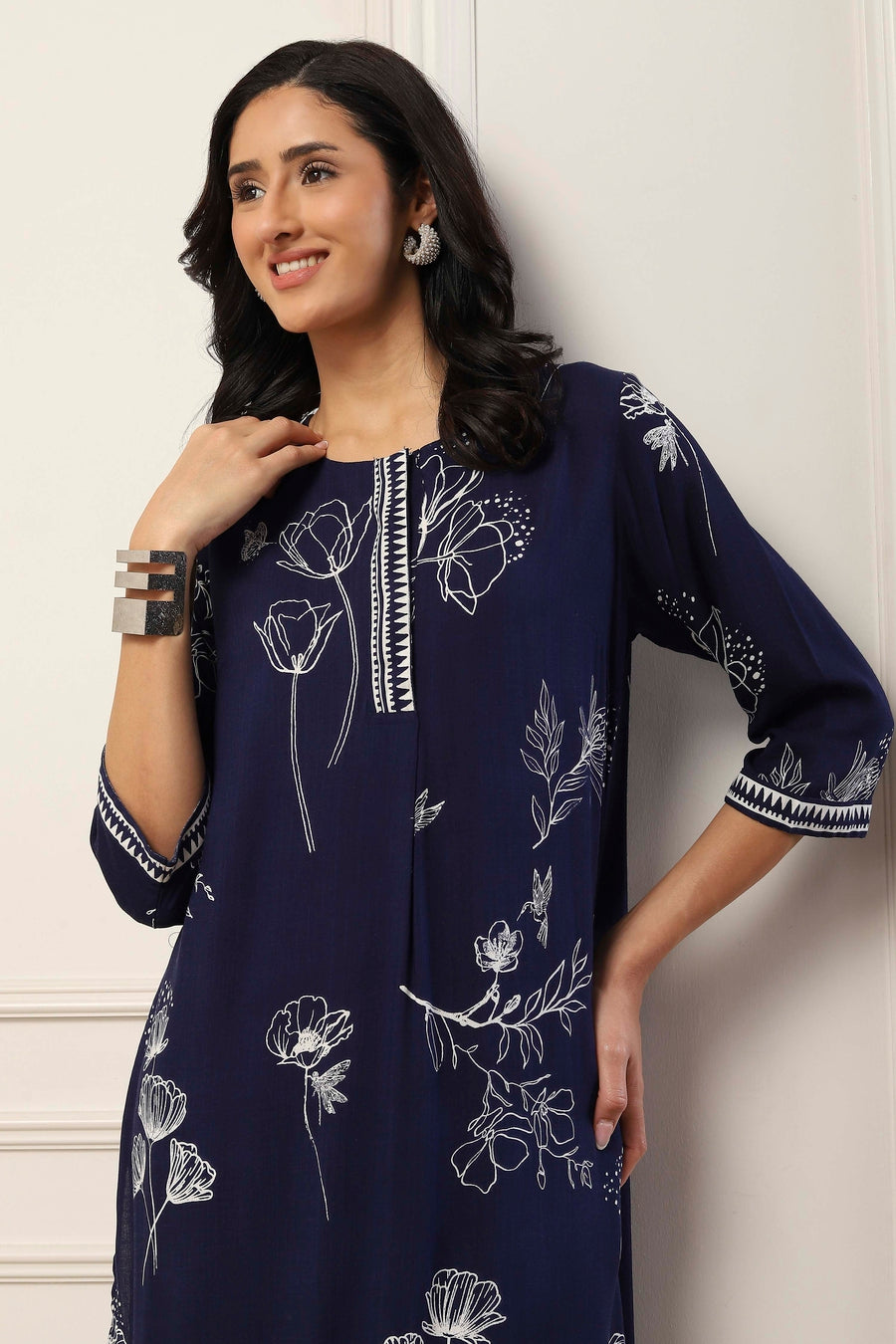 Navy Blue Viscose Rayon Floral Printed Straight Suit Set KS60