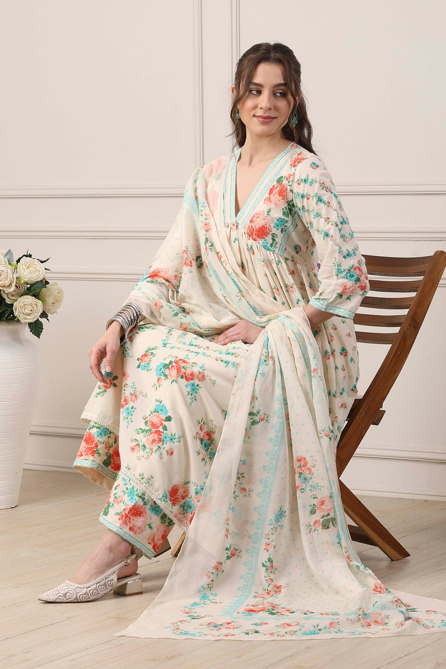 White Cotton Floral Motifs Anarkali Suit Set A34