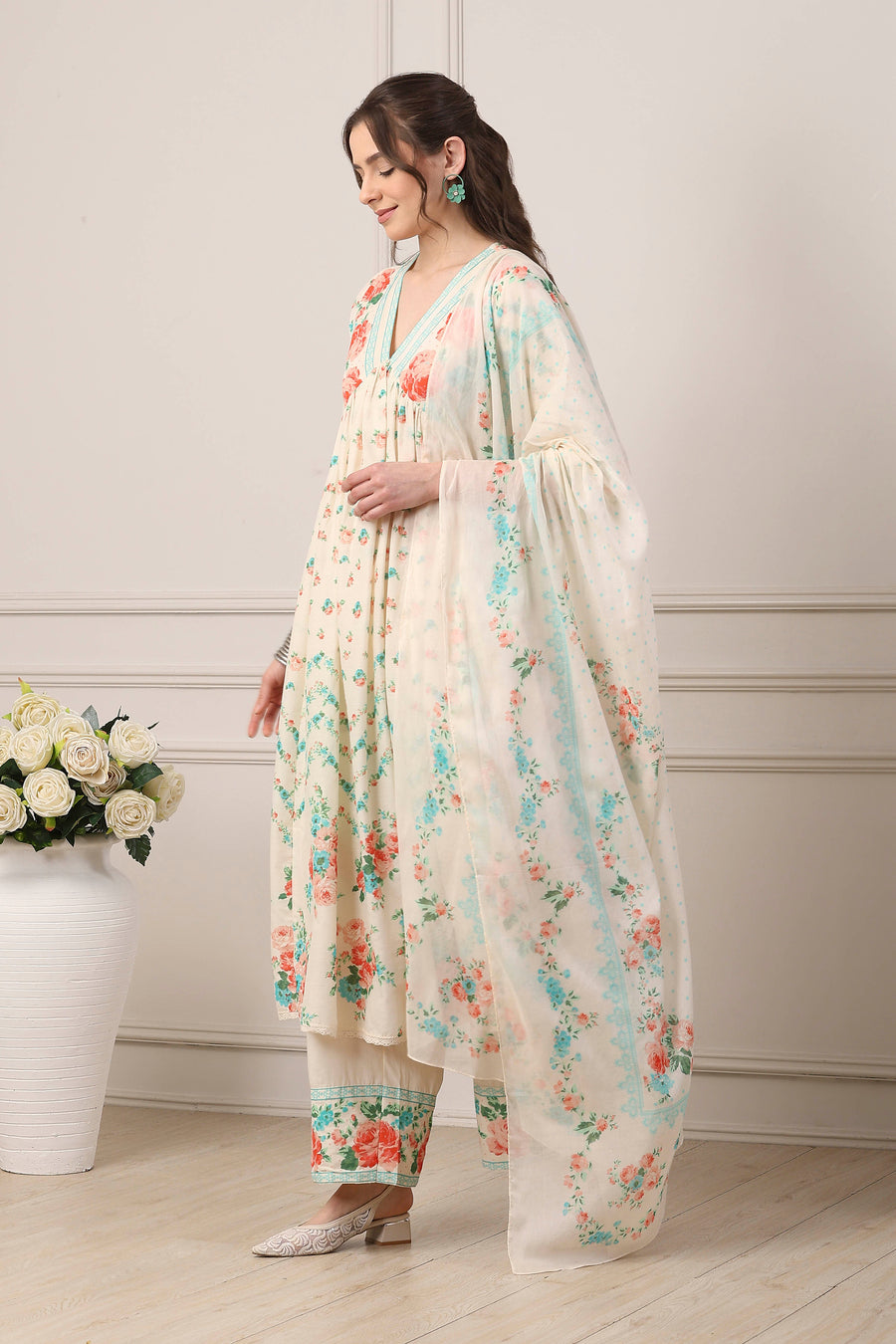 White Cotton Floral Motifs Anarkali Suit Set A34