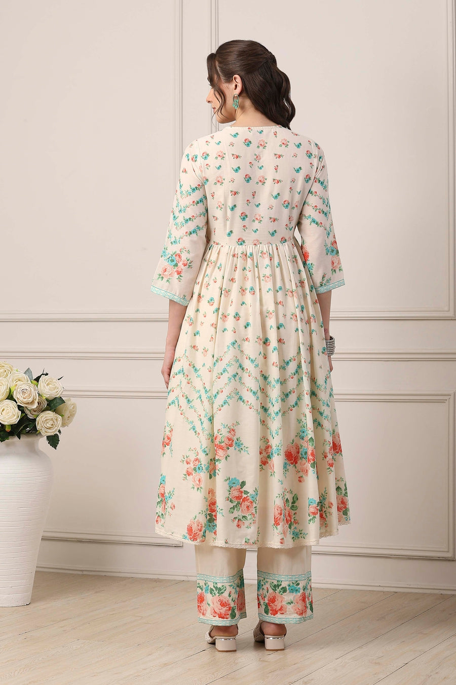 White Cotton Floral Motifs Anarkali Suit Set A34