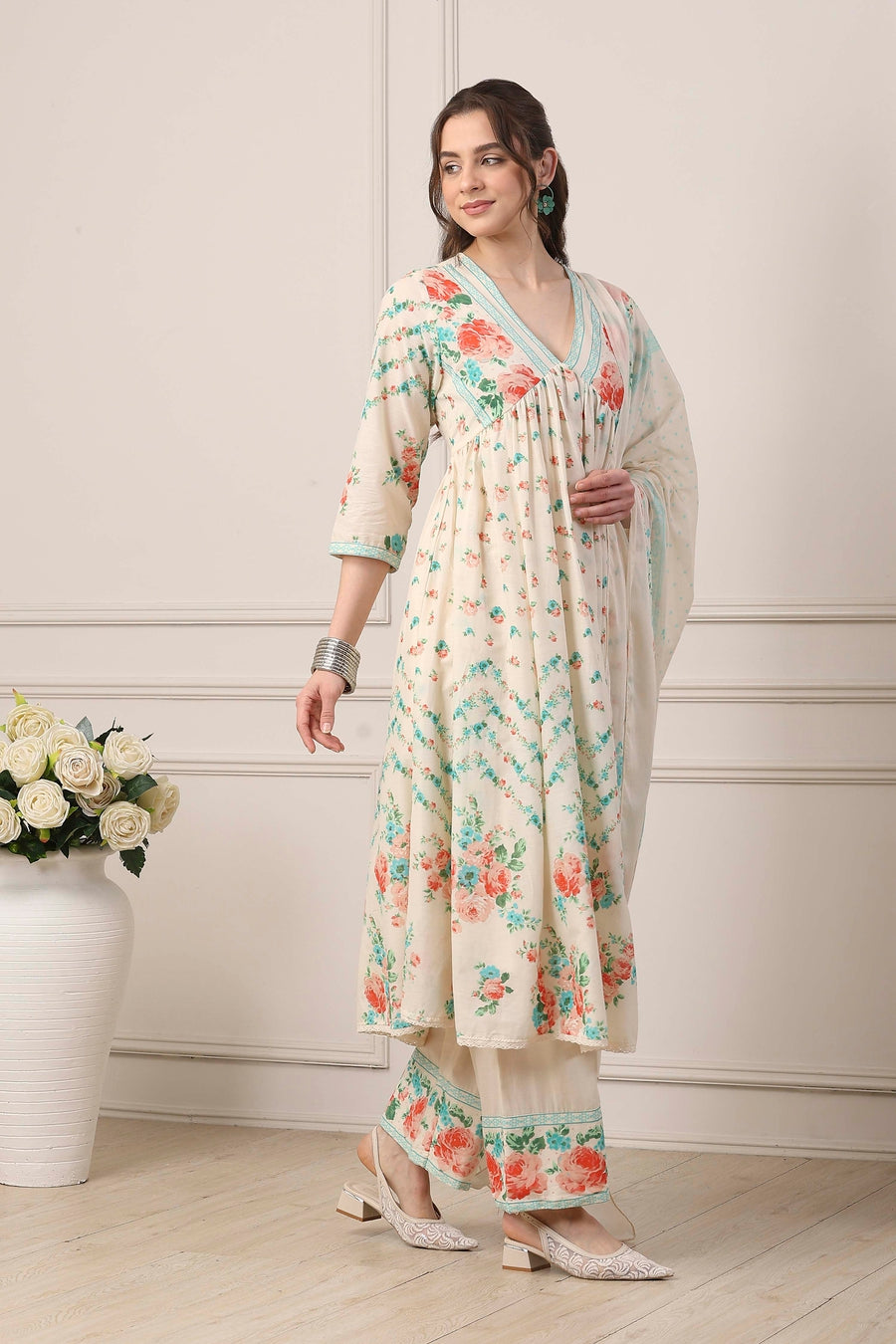 White Cotton Floral Motifs Anarkali Suit Set A34