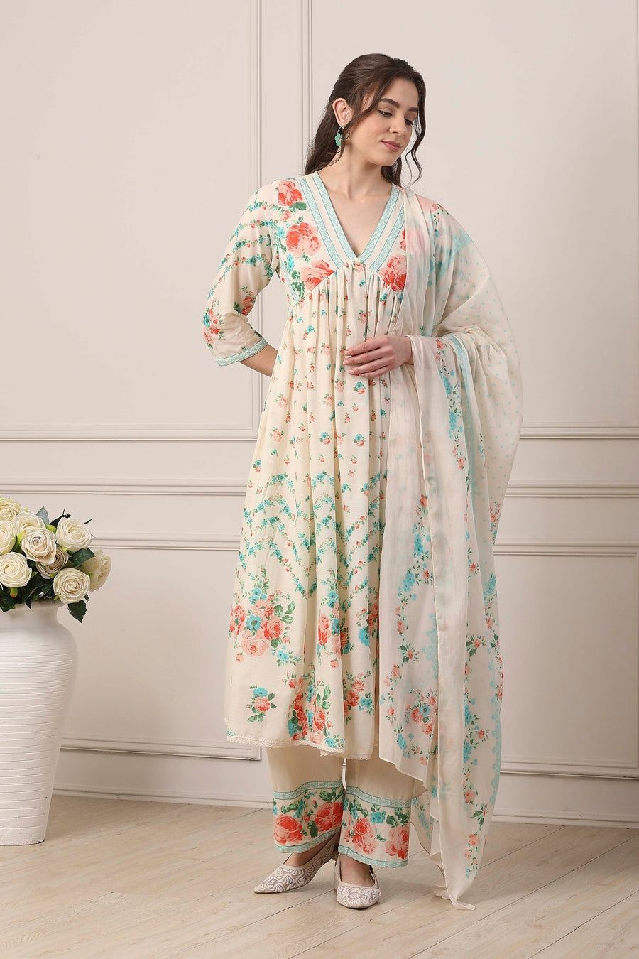 White Cotton Floral Motifs Anarkali Suit Set A34