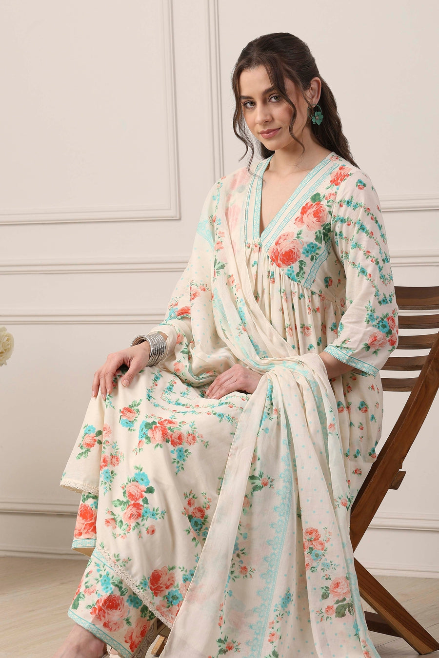 White Cotton Floral Motifs Anarkali Suit Set A34