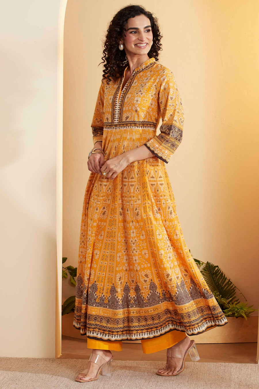 Yellow Cotton Anarkali Printed Kurta Set A34