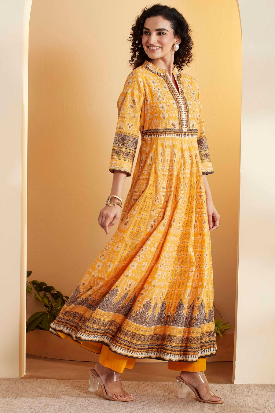 Yellow Cotton Anarkali Printed Kurta Set A34