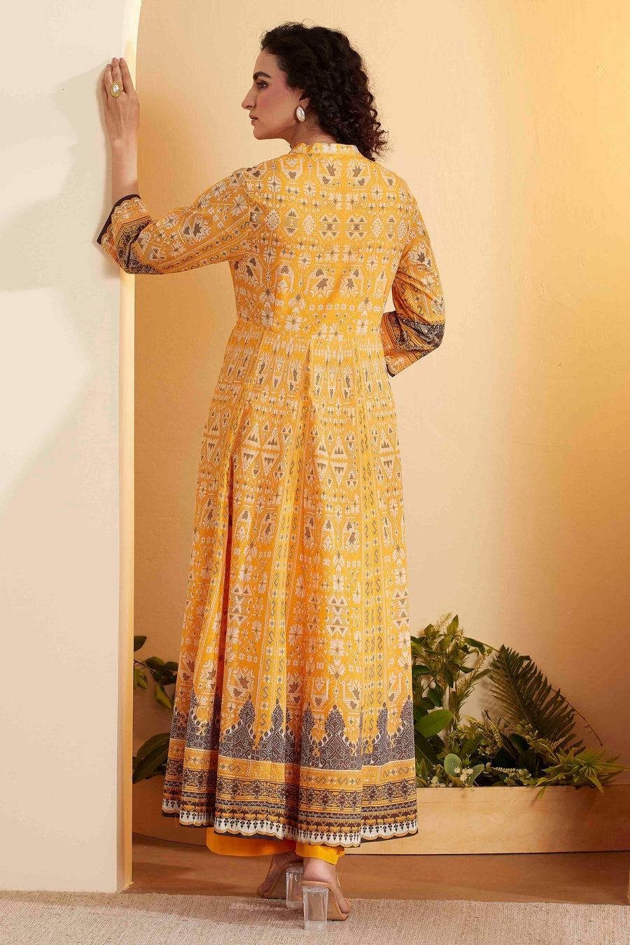 Yellow Cotton Anarkali Printed Kurta Set A34