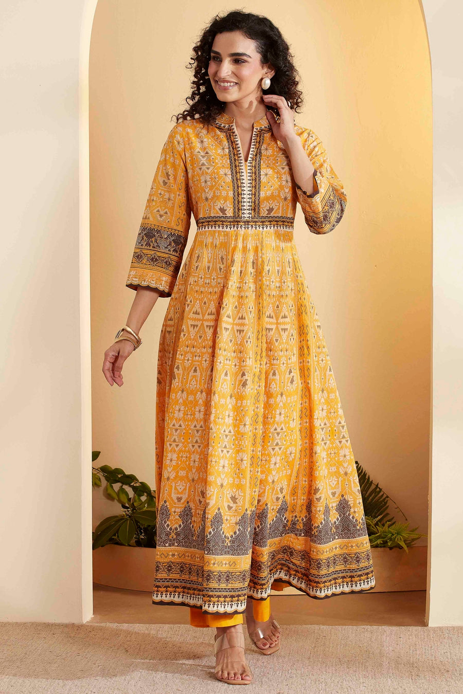 Yellow Cotton Anarkali Printed Kurta Set A34