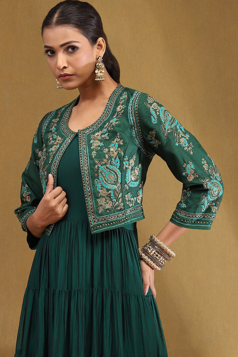 Emerald Green Silk Festive Tiered Anarkali Dress E45