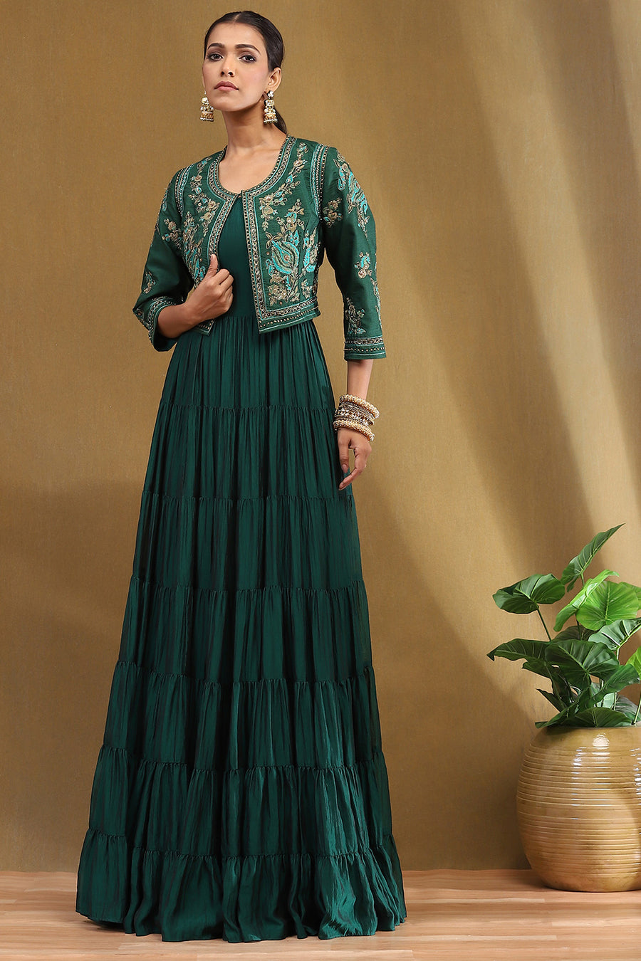 Emerald Green Silk Festive Tiered Anarkali Dress E45