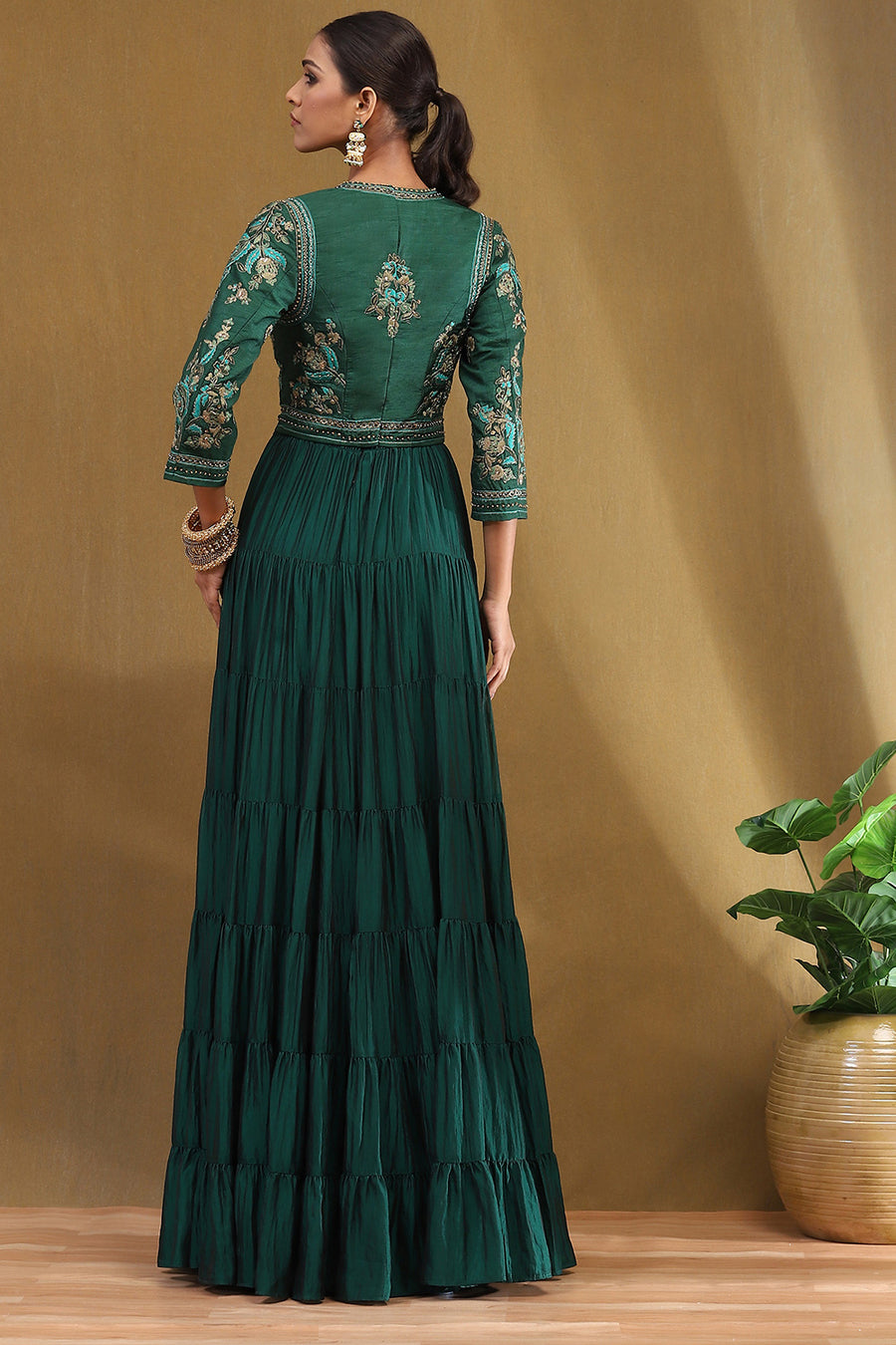 Emerald Green Silk Festive Tiered Anarkali Dress E45